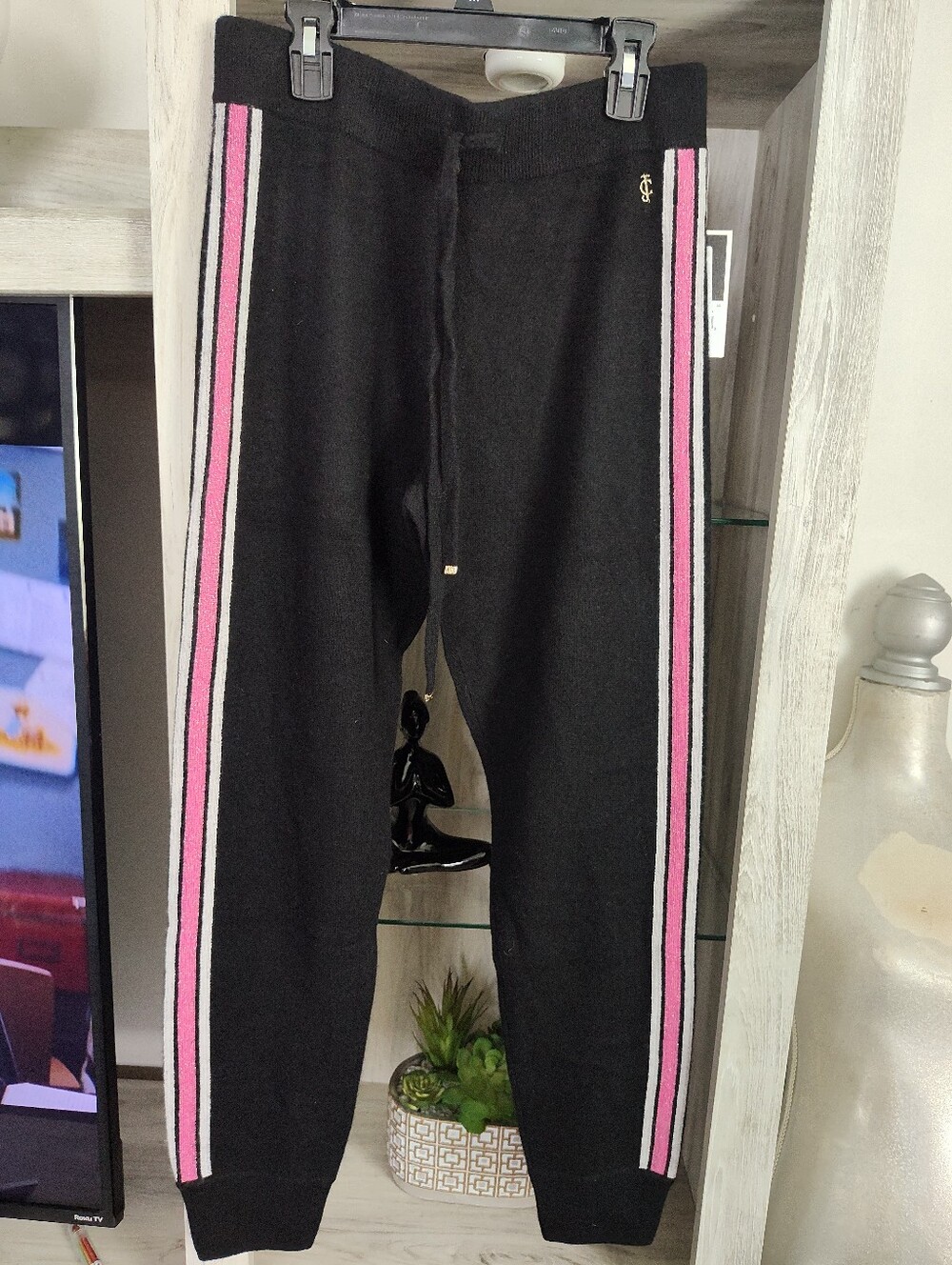 Juicy Couture Black Label 100% Cashmere Black Joggers with Pink Side Stripes